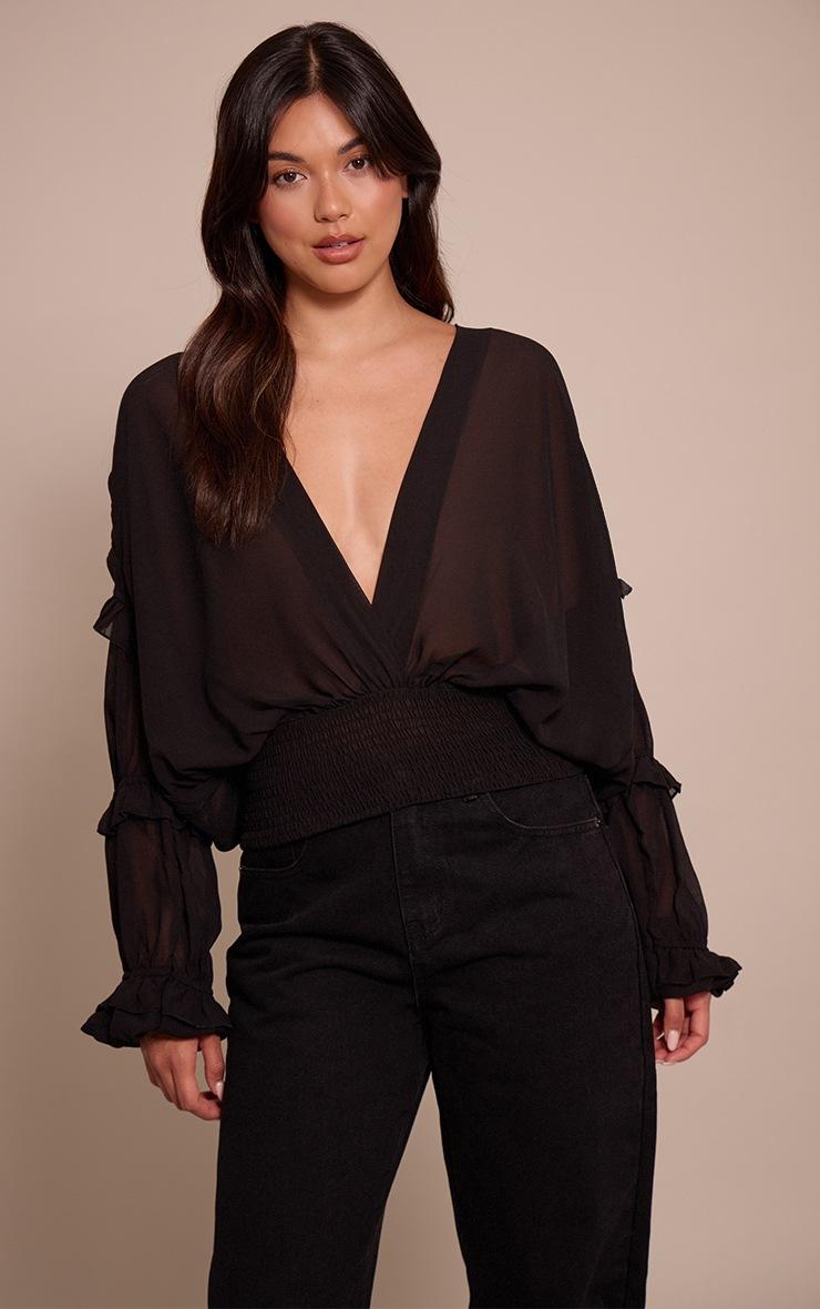 Pretty Little Thing Black Chiffon Ruffle Detail Plunge Blouse