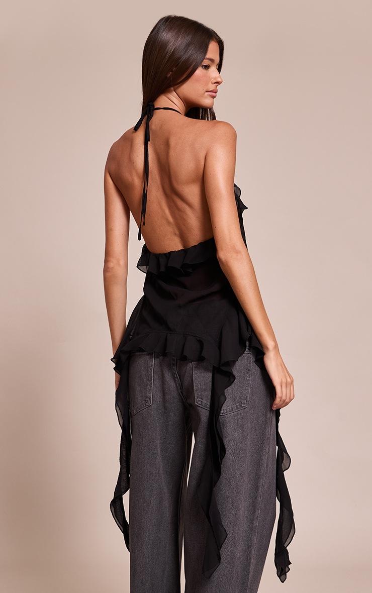 Pretty Little Thing Black Chiffon Ruffle Drape Detail Longline Top