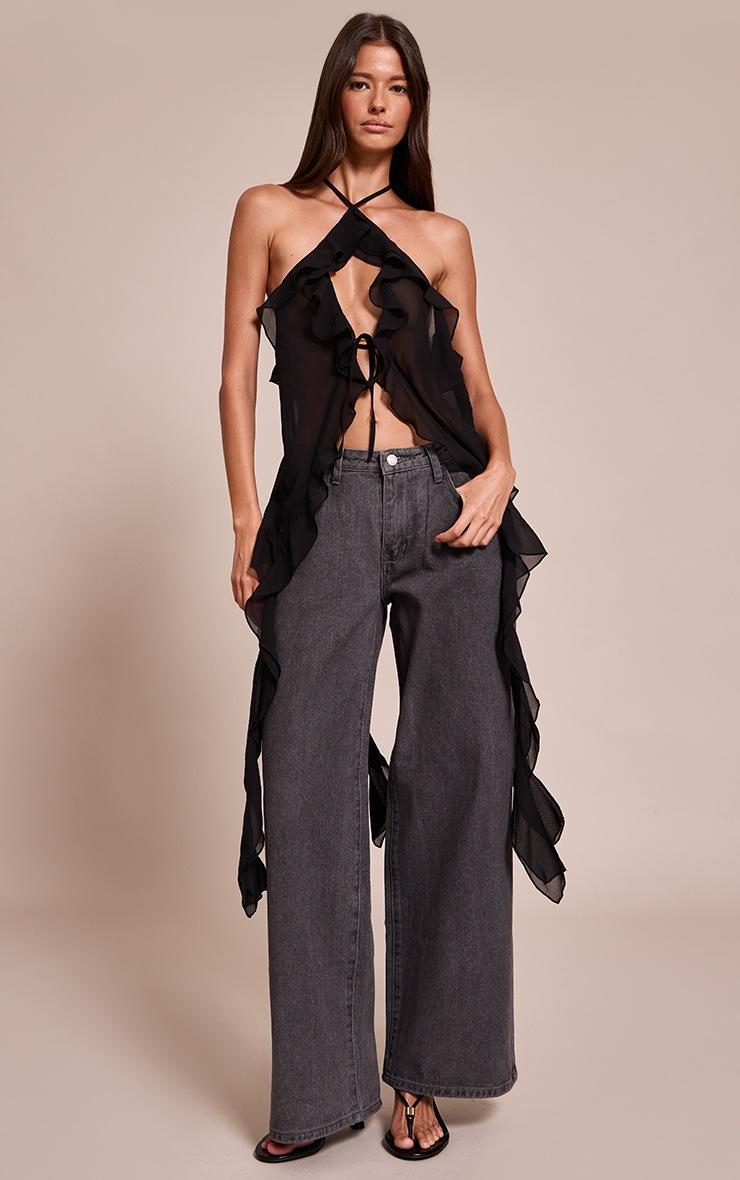 Pretty Little Thing Black Chiffon Ruffle Drape Detail Longline Top