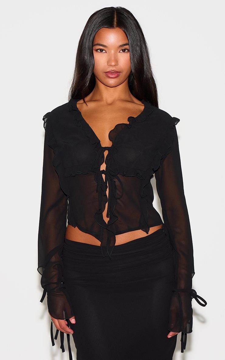 Pretty Little Thing Black Chiffon Ruffle Tie Front Blouse