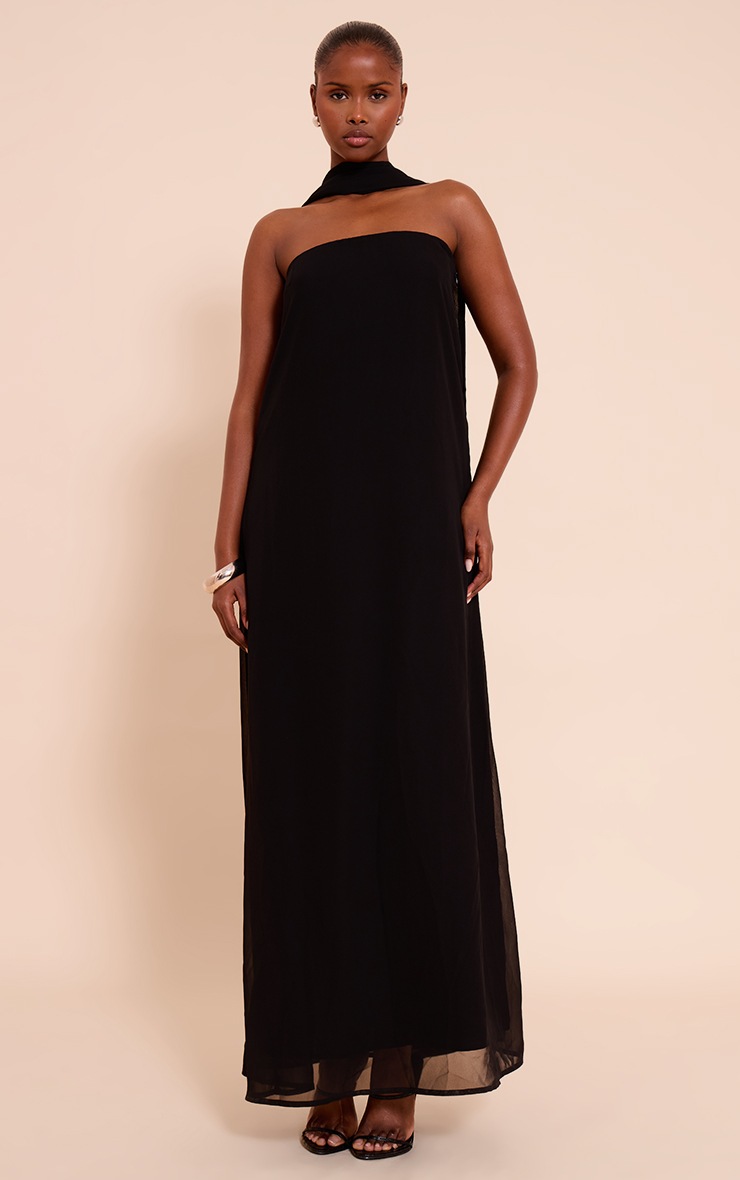 Pretty Little Thing Black Chiffon Scarf Detail Bandeau Column Dress
