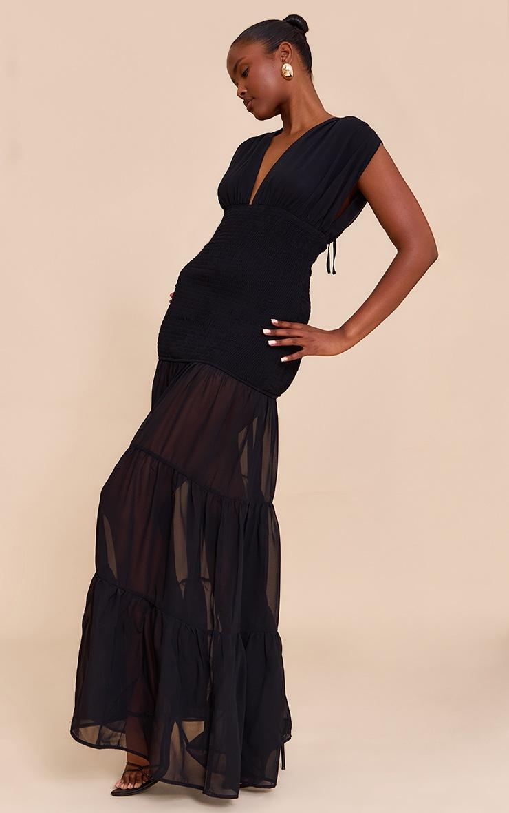 Pretty Little Thing Black Chiffon Shirred Tiered Maxi Dress