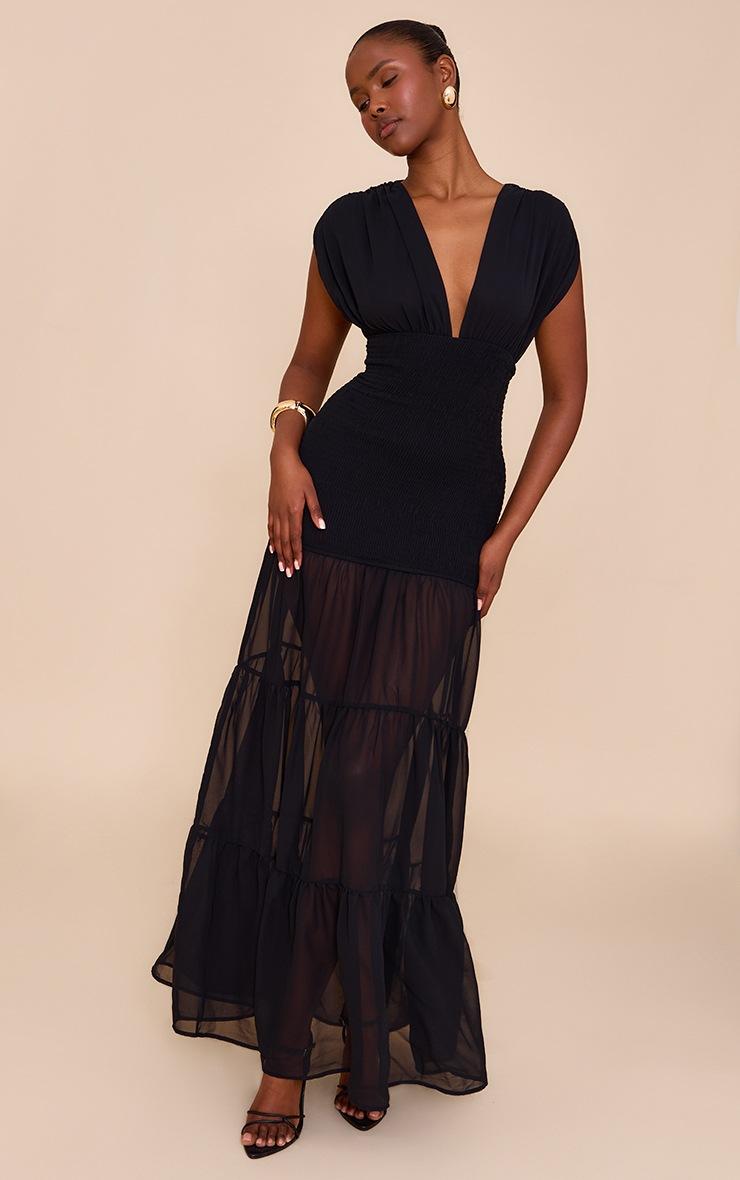 Pretty Little Thing Black Chiffon Shirred Tiered Maxi Dress