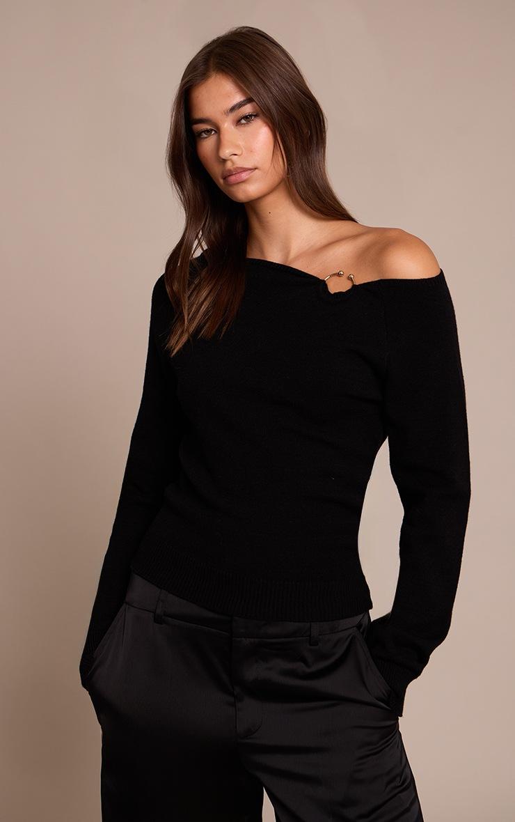 Pretty Little Thing Black Cinched Waist Off The Shoulder Trim Detail Top