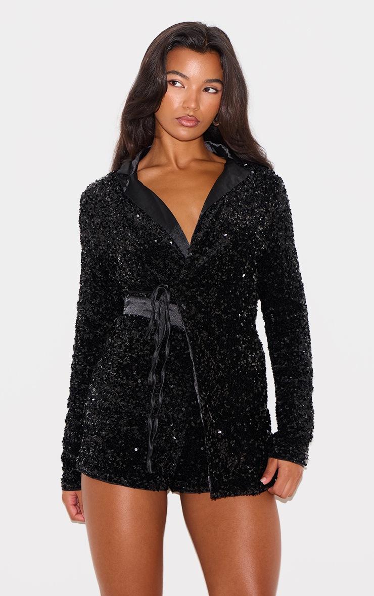 Pretty Little Thing Black Collar Detail Sequin Romper