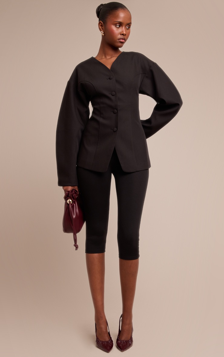 Pretty Little Thing Black Collarless Fabric Covered Button Blazer