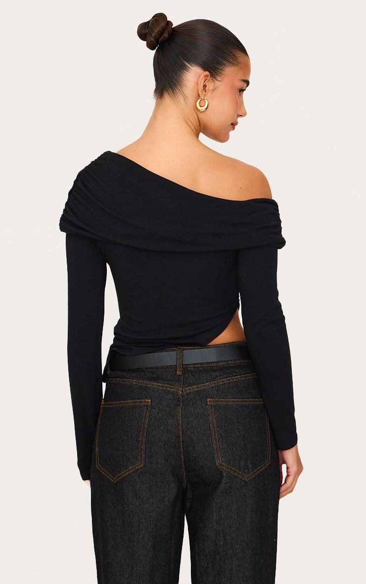 Pretty Little Thing Black Contour Jersey Fold Over Detail Bardot Long Sleeve Top