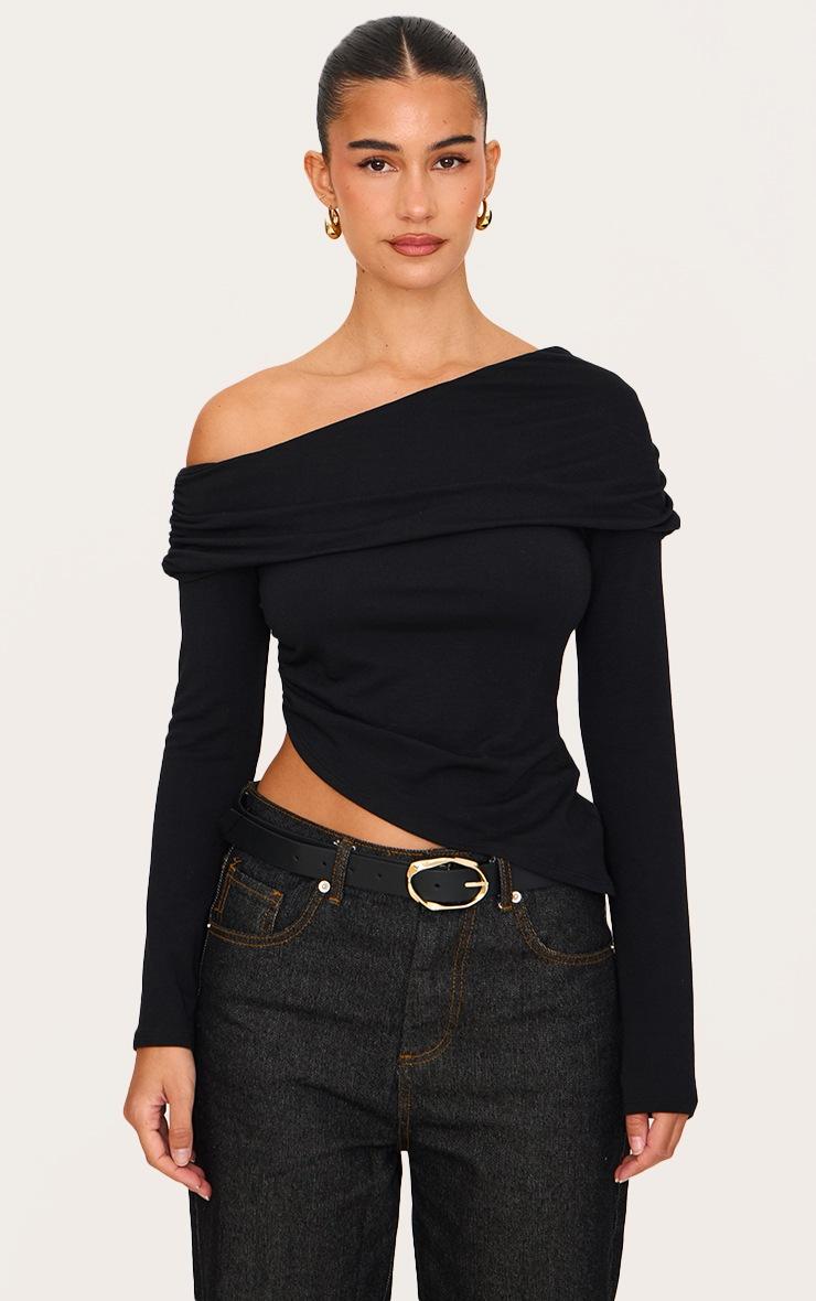 Pretty Little Thing Black Contour Jersey Fold Over Detail Bardot Long Sleeve Top