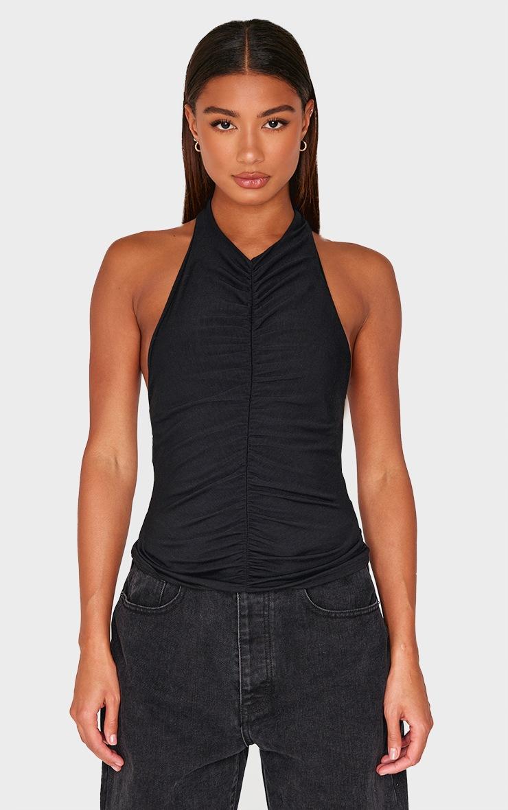 Pretty Little Thing Black Contour Jersey Ruched Halter Neck Top