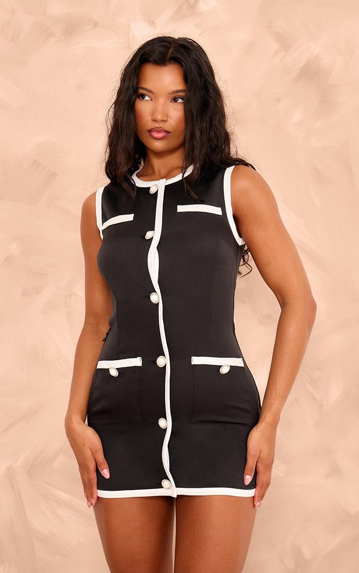 Pretty Little Thing Black Contrast Detailed Pearl Button Woven Romper