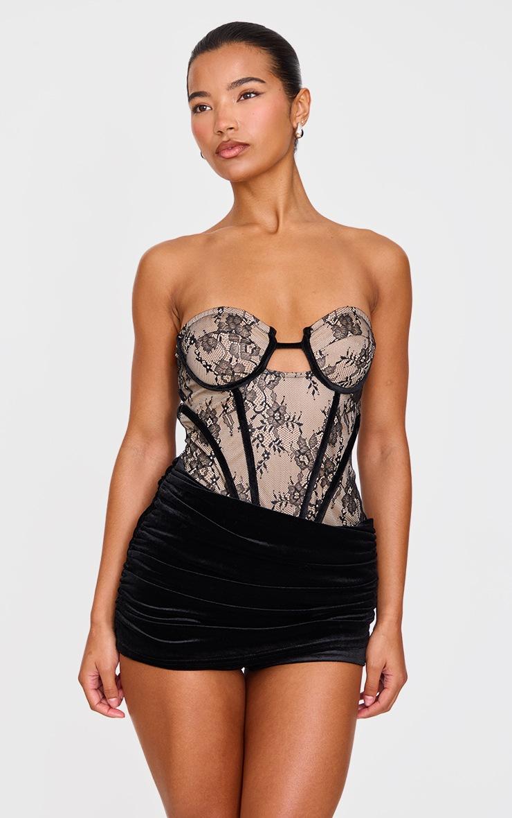 Pretty Little Thing Black Contrast Lace Velvet Wrap Detail Skort Romper