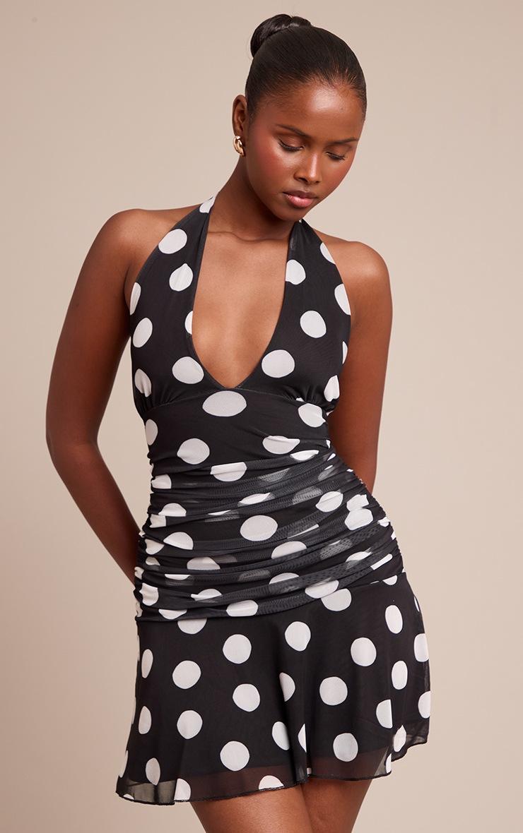 Pretty Little Thing Black Contrast Polka Dot Halterneck Mini Dress