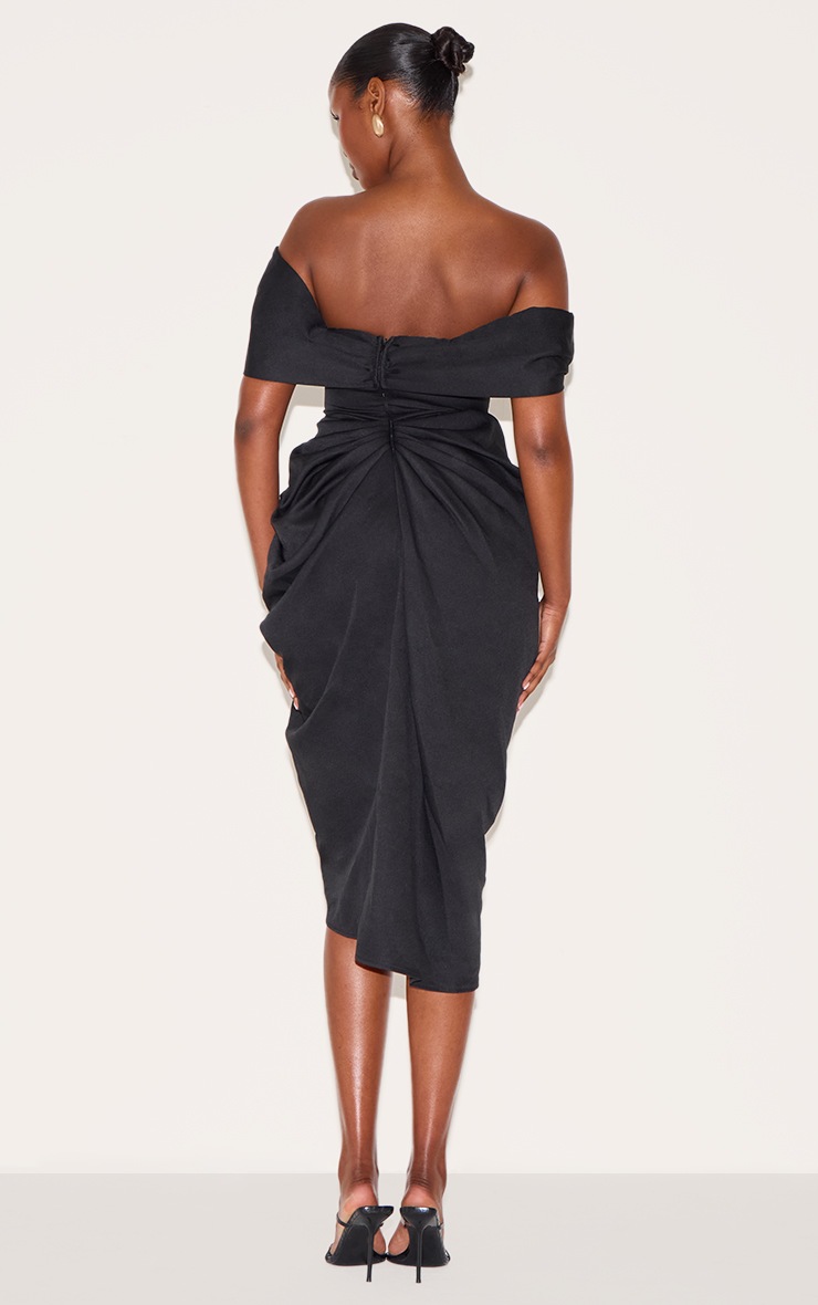 Pretty Little Thing Black Corset Bardot Draped Midi Dress