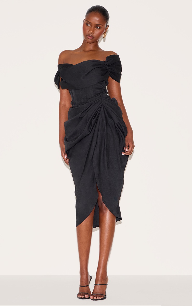 Pretty Little Thing Black Corset Bardot Draped Midi Dress
