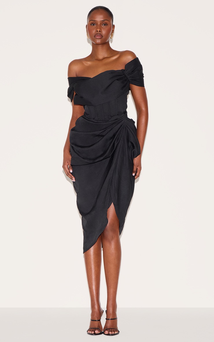 Pretty Little Thing Black Corset Bardot Draped Midi Dress