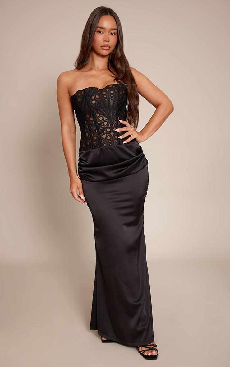 Pretty Little Thing Black Corset Detail Satin Ruched Maxi Dress