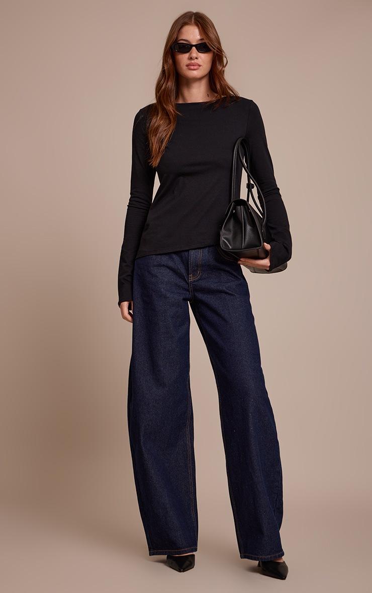 Pretty Little Thing Black Cotton Asymmetric Hem Flared Long Sleeve Top