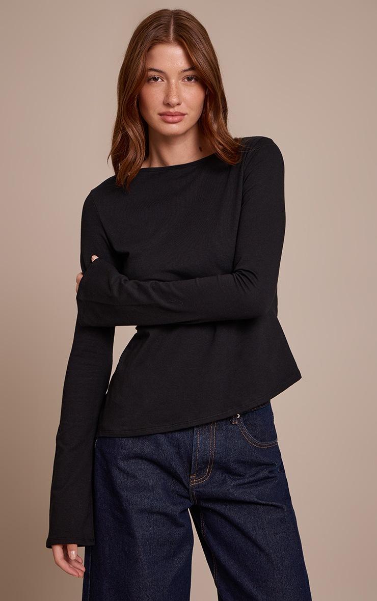 Pretty Little Thing Black Cotton Asymmetric Hem Flared Long Sleeve Top