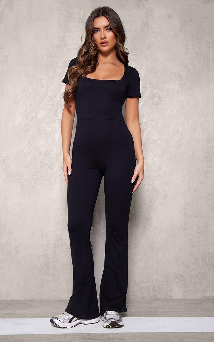 Pretty Little Thing Black Cotton Cap Sleeve Scoop Neck Flare Jumpsuit