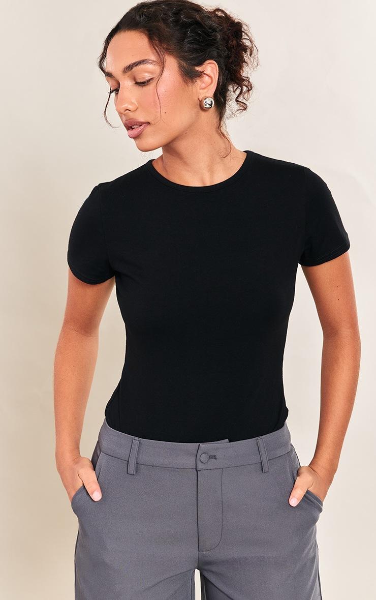 Pretty Little Thing Black Cotton Crew Neck Short Sleeve Bodysuit