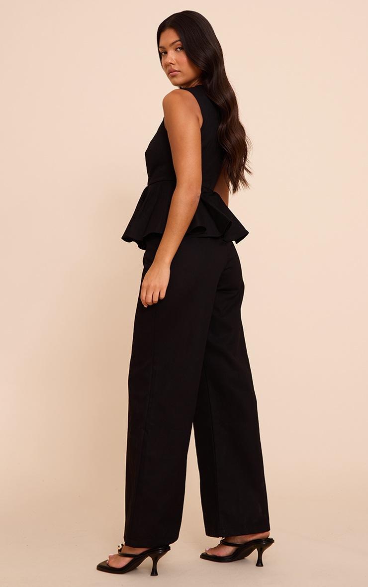 Pretty Little Thing Black Cotton Peplum Detail Wide Leg Jumpsuit
