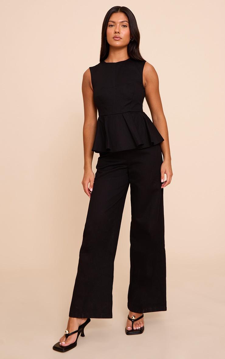Pretty Little Thing Black Cotton Peplum Detail Wide Leg Jumpsuit