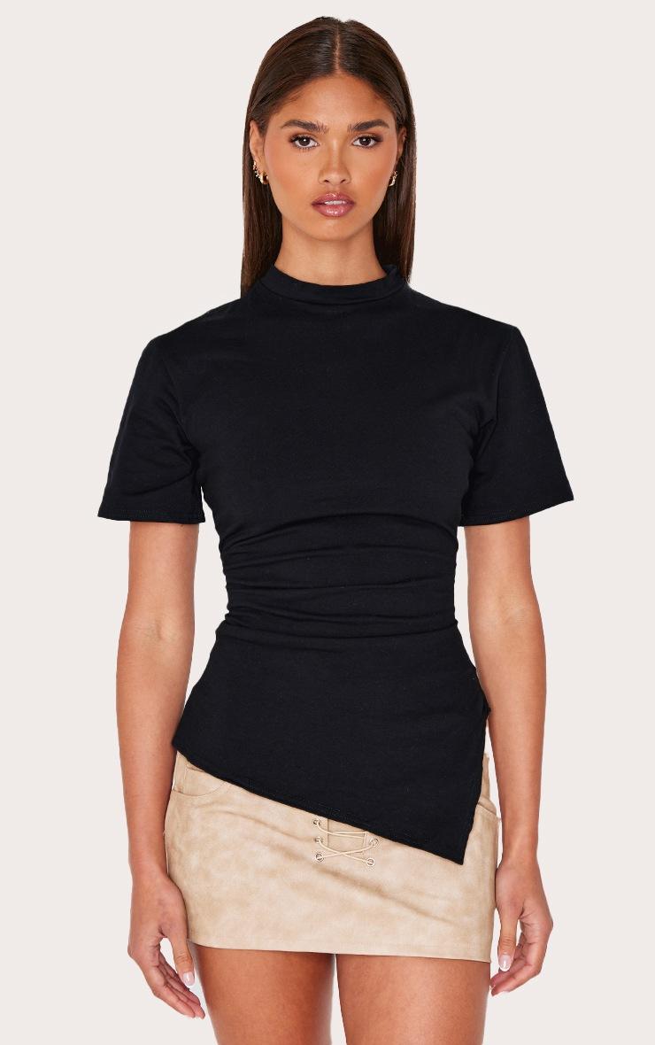 Pretty Little Thing Black Cotton Ruched Side Asymmetric Hem T-shirt