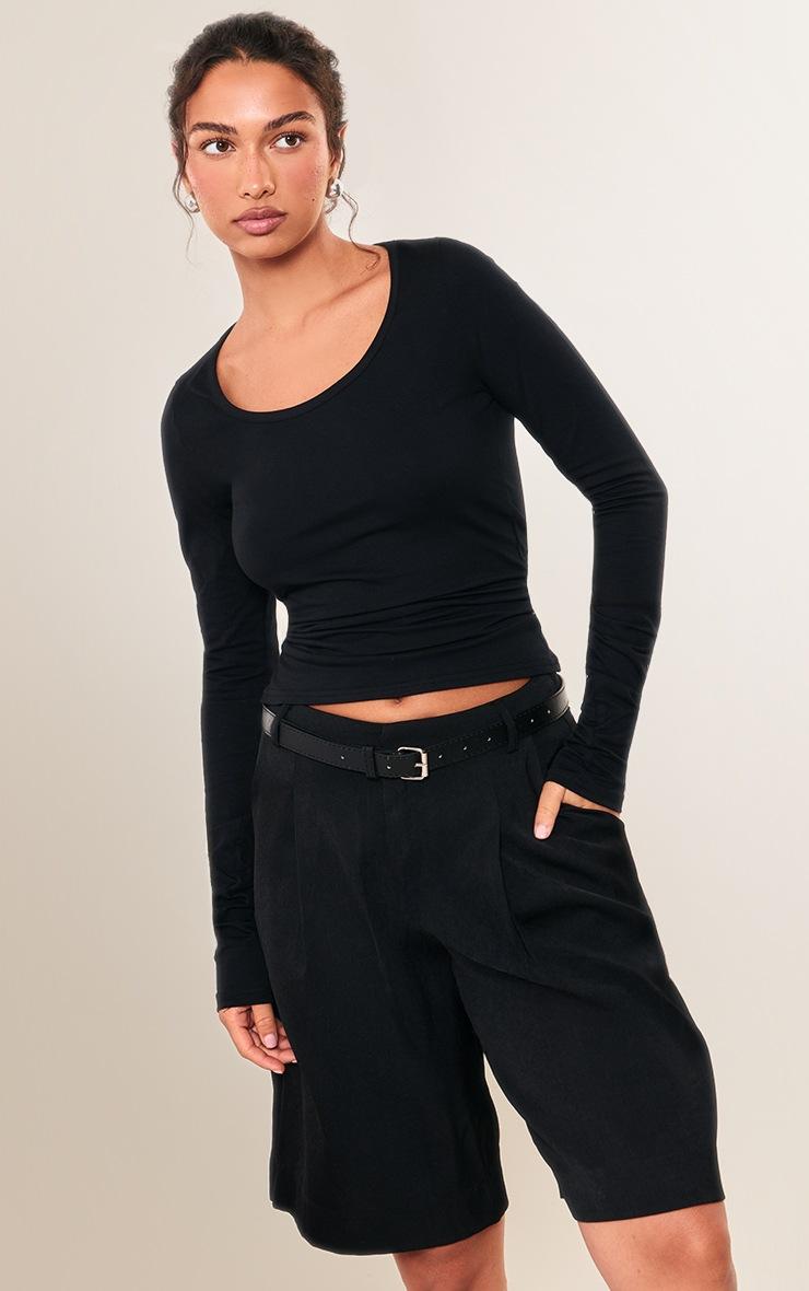 Pretty Little Thing Black Cotton Scoop Neck Fitted Long Sleeve Top