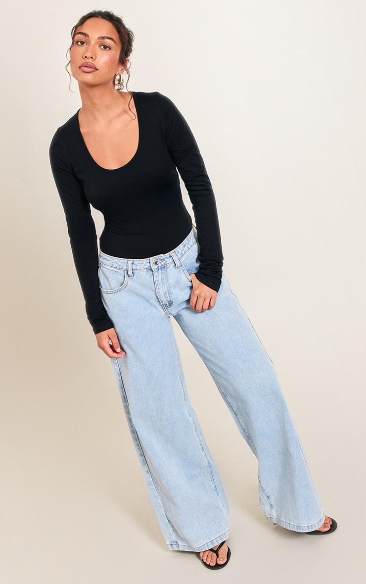 Pretty Little Thing Black Cotton Scoop Neck Long Sleeve Bodysuit