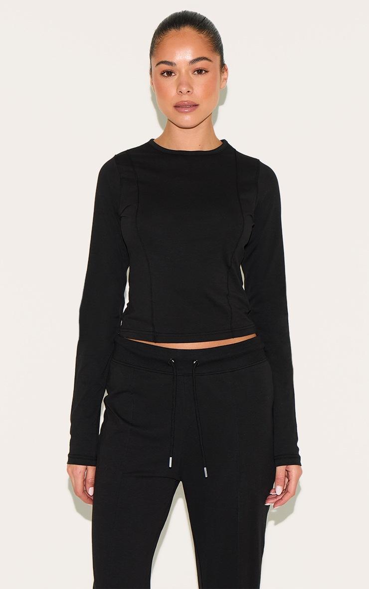 Pretty Little Thing Black Cotton Seam Detail Long Sleeve Top