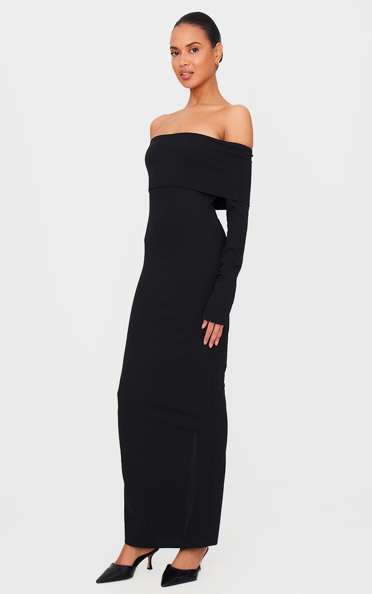 Pretty Little Thing Black Crepe Long Sleeve Bardot Maxi Dress