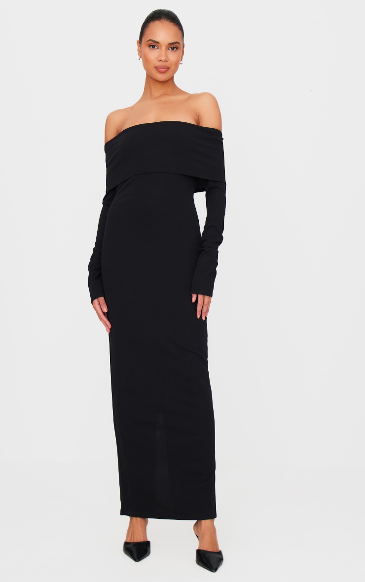 Pretty Little Thing Black Crepe Long Sleeve Bardot Maxi Dress