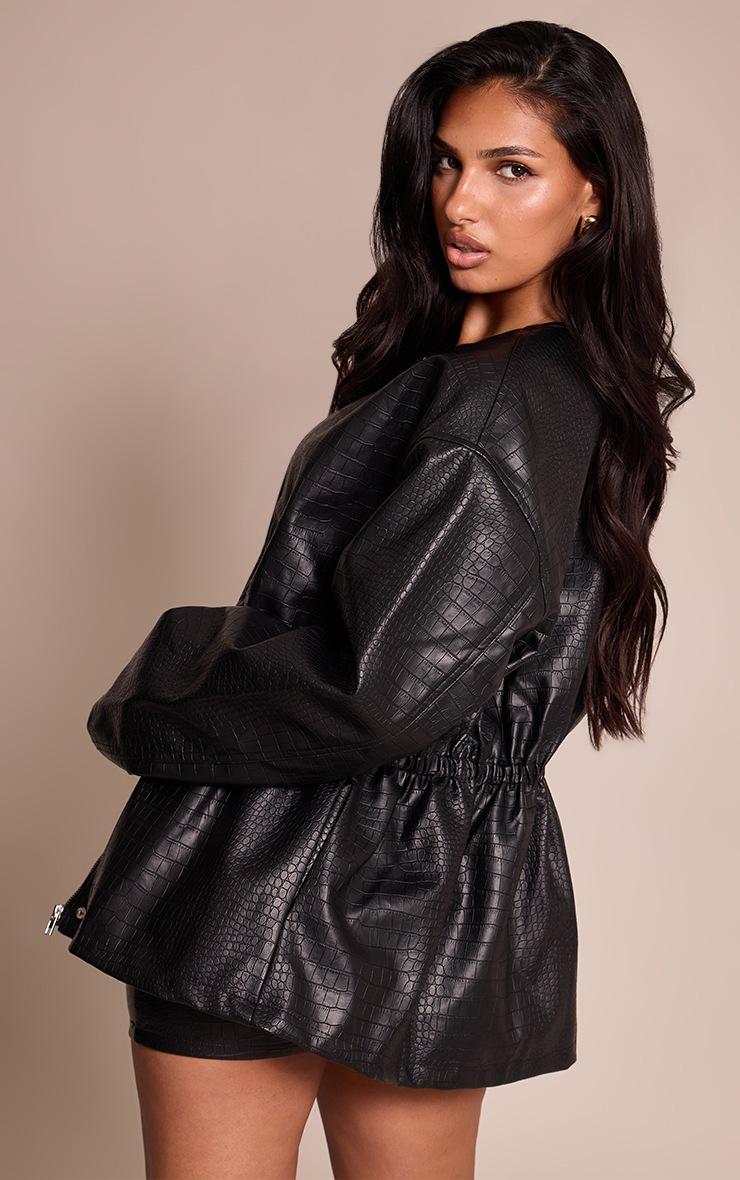 Pretty Little Thing Black Croc Faux Leather Cinched Waist Jacket