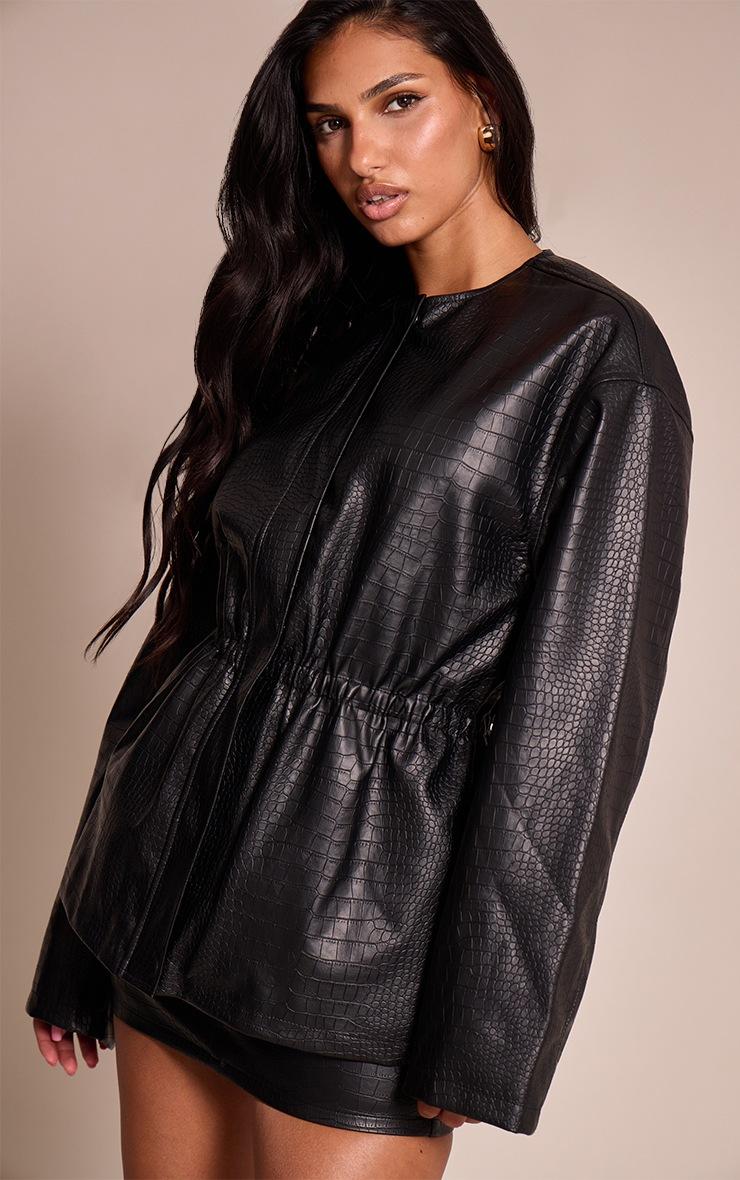 Pretty Little Thing Black Croc Faux Leather Cinched Waist Jacket
