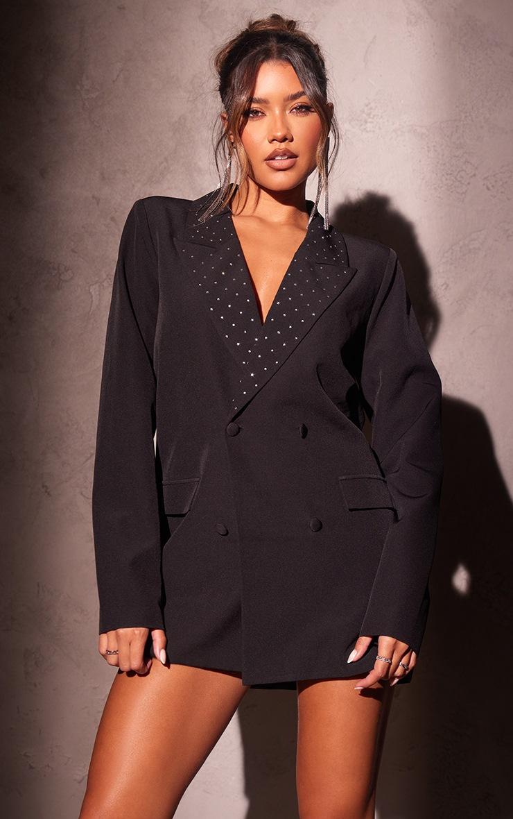 Pretty Little Thing Black Diamante Detail Oversized Blazer Dress