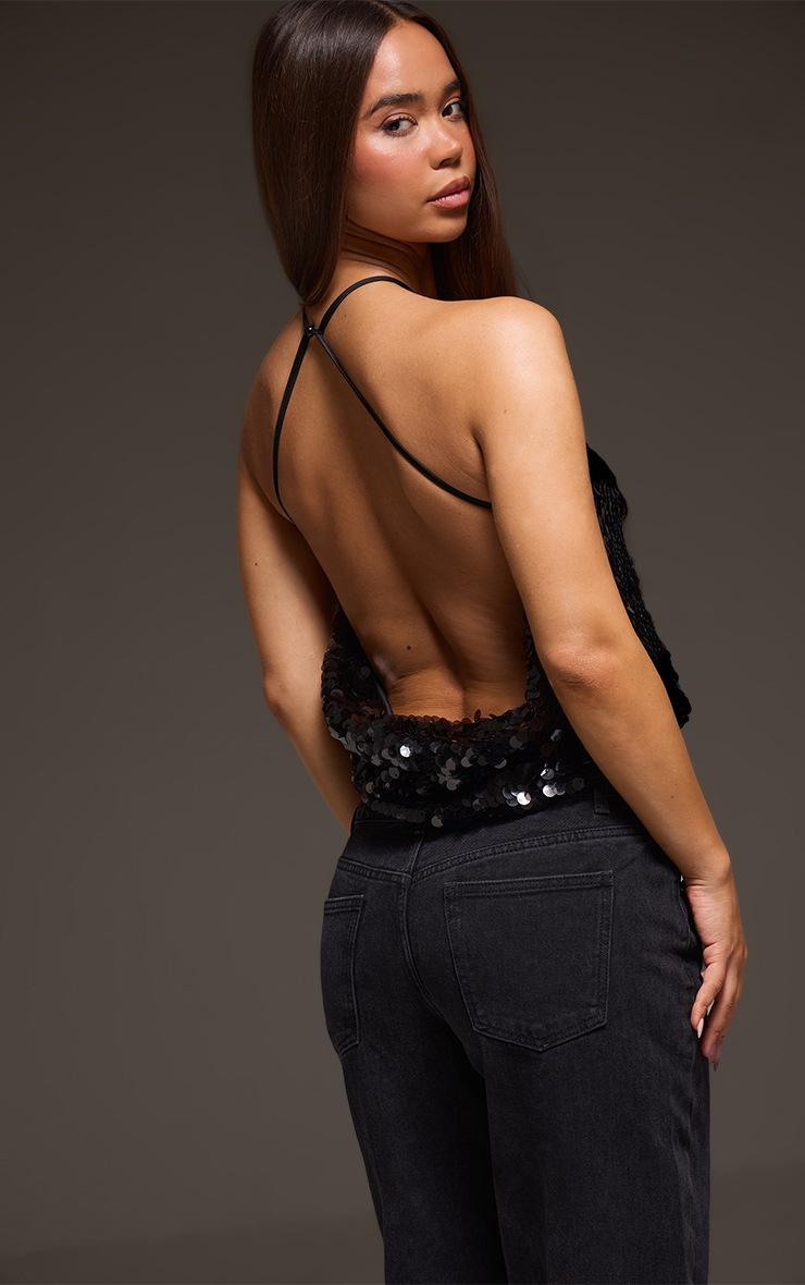 Pretty Little Thing Black Disc Sequin Halterneck Cowl Back Top