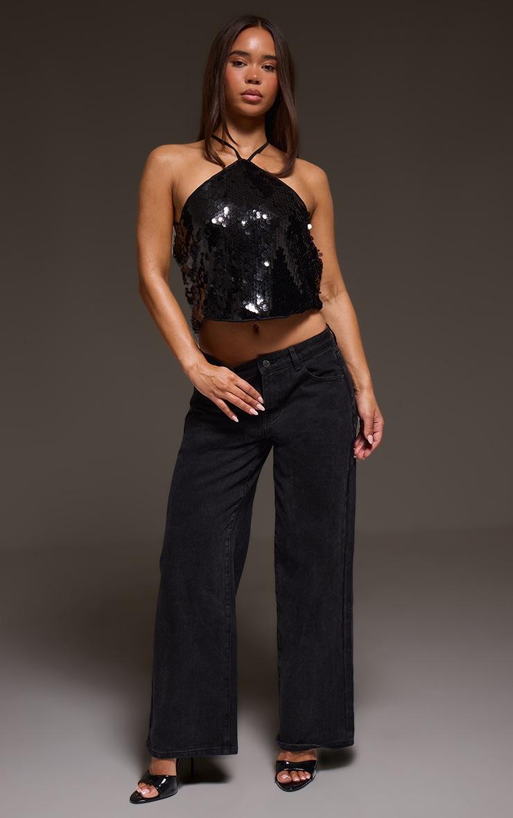 Pretty Little Thing Black Disc Sequin Halterneck Cowl Back Top
