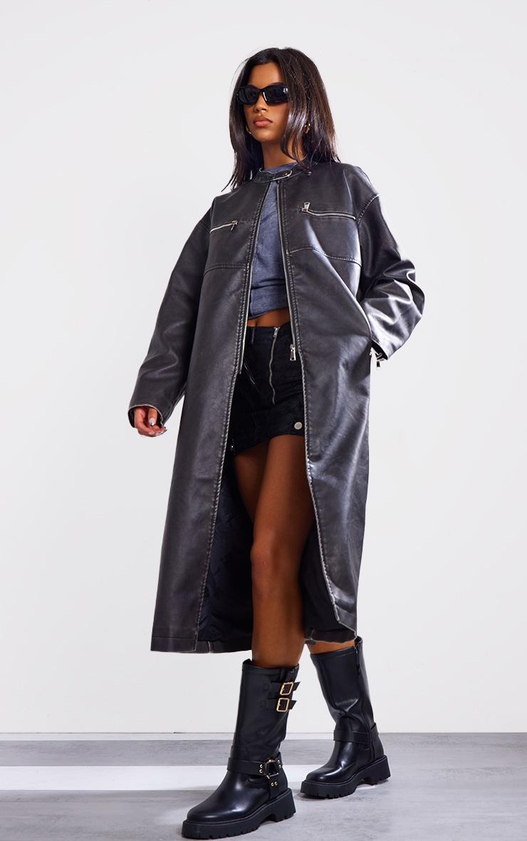 Pretty Little Thing Black Distressed Pu Biker Trench Coat