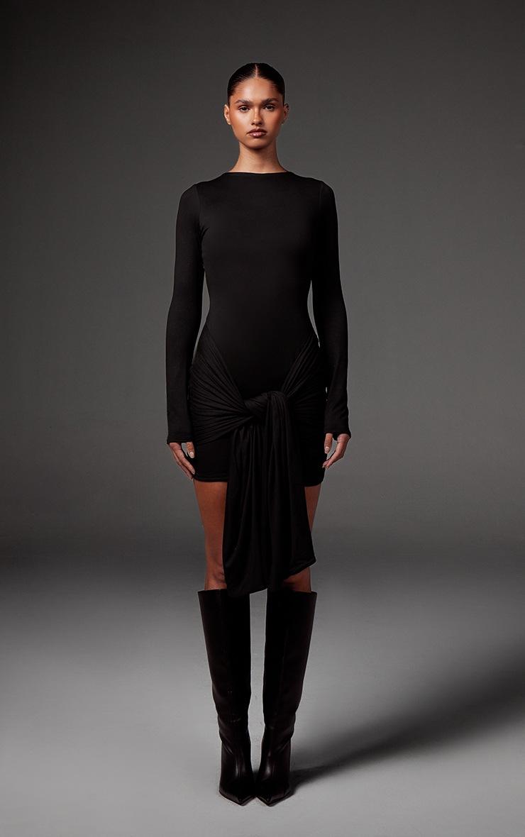 Pretty Little Thing Black Double Contour Long Sleeve Wrap Detail Bodycon Dress