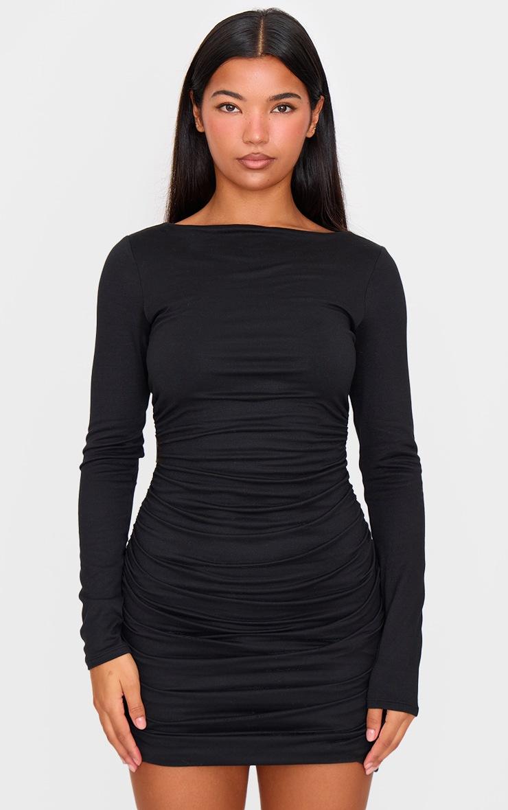 Pretty Little Thing Black Double Contour Ruched Detail Long Sleeve Bodycon Dress