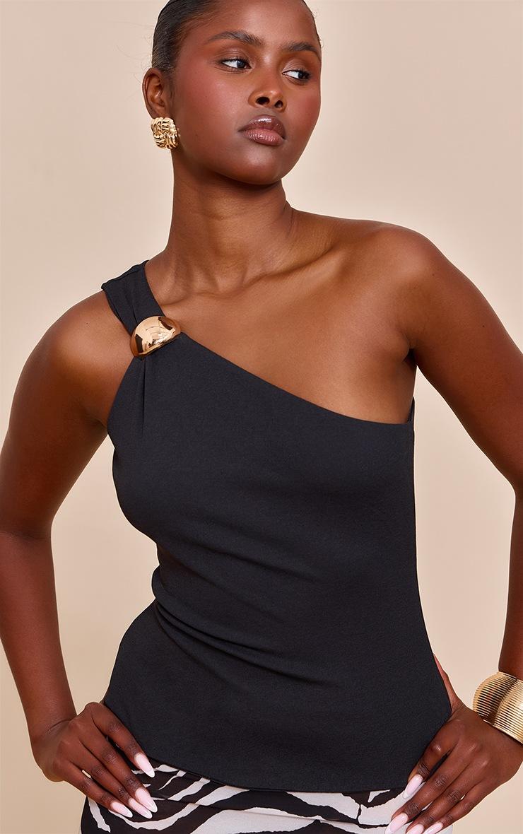 Pretty Little Thing Black Double Layer Burnout Mesh One Shoulder Trim Vest Top