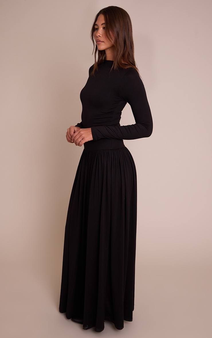 Pretty Little Thing Black Double Layer Jersey Dropped Waist Long Sleeve Maxi Dress
