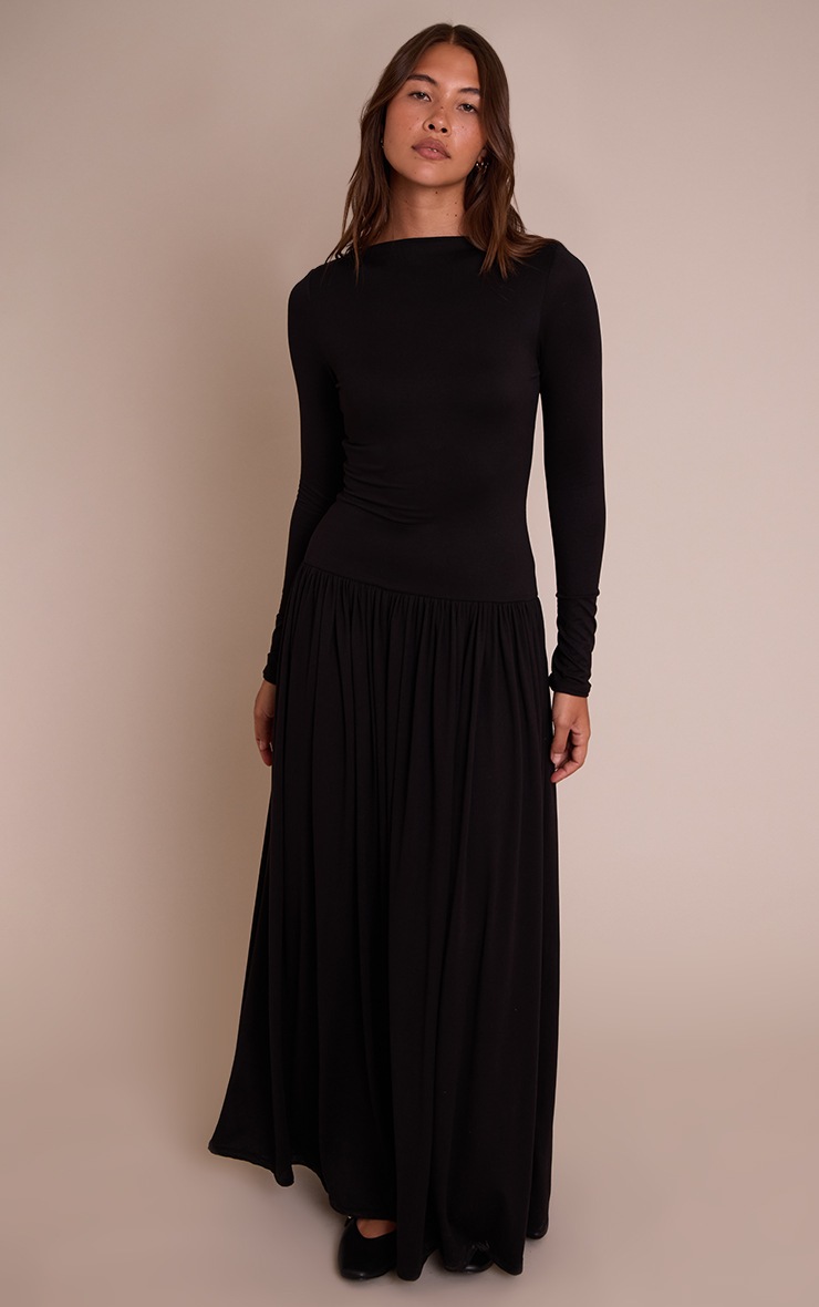 Pretty Little Thing Black Double Layer Jersey Dropped Waist Long Sleeve Maxi Dress