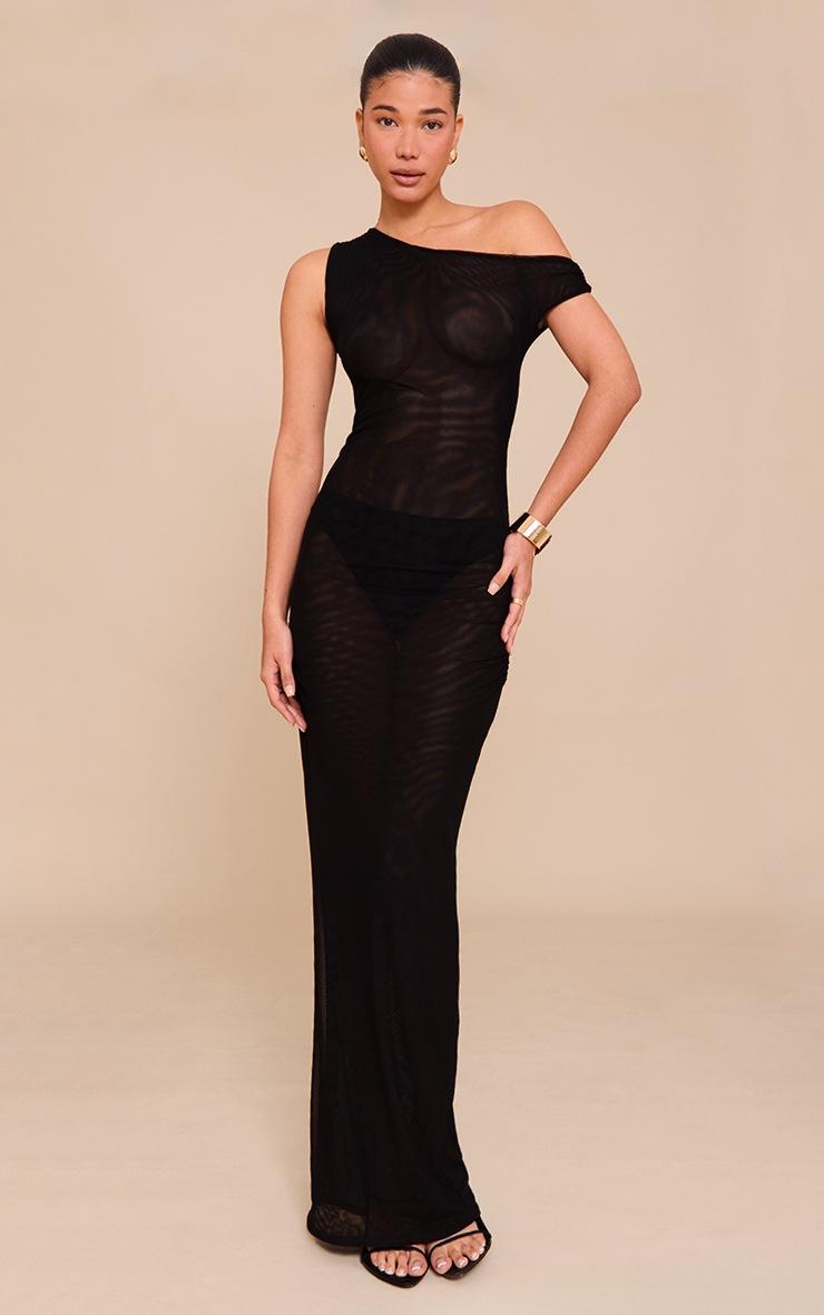 Pretty Little Thing Black Double Layer Mesh Asymmetric Neck Maxi Dress