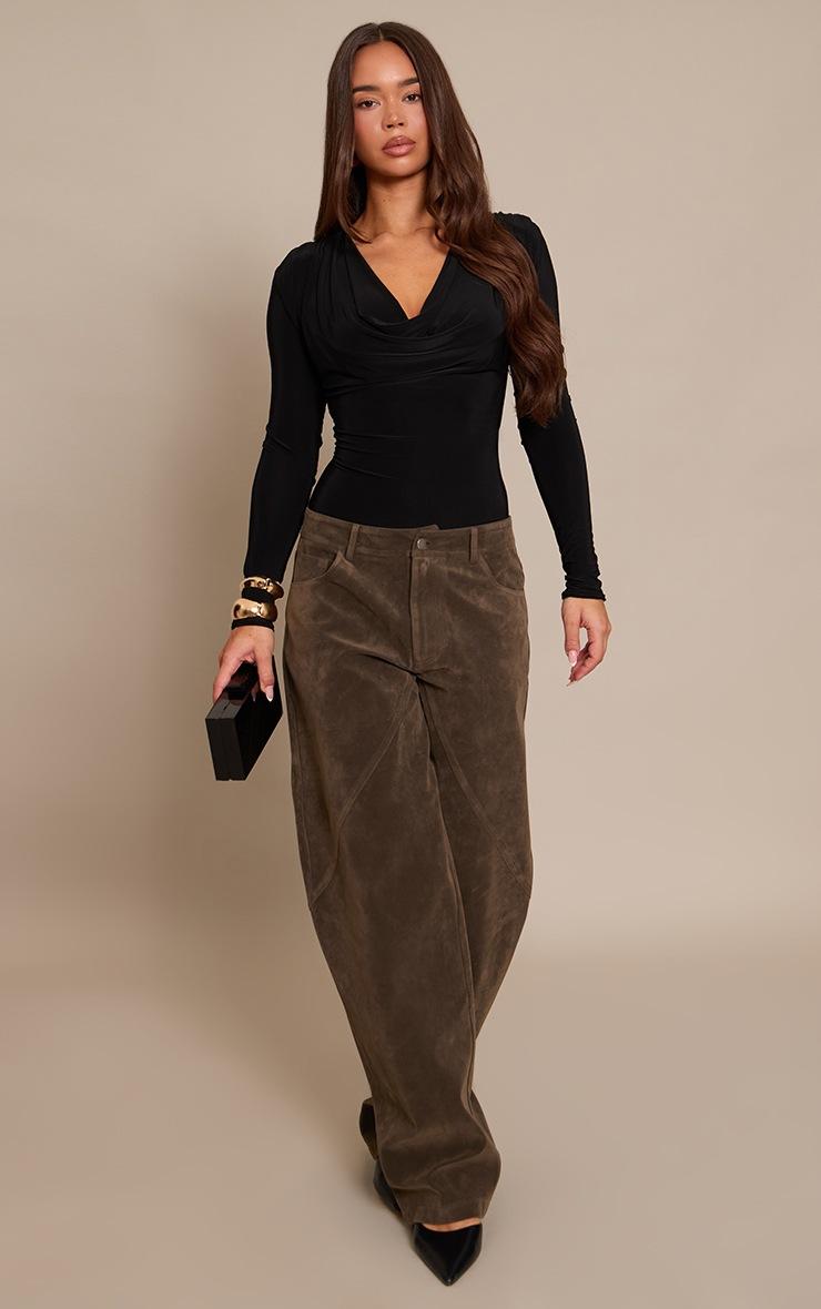 Pretty Little Thing Black Double Layer Slinky Cowl Neck Long Sleeve Bodysuit