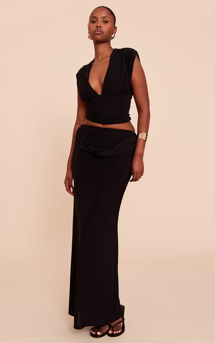 Pretty Little Thing Black Double Layer Slinky Drape Plunge Long Top
