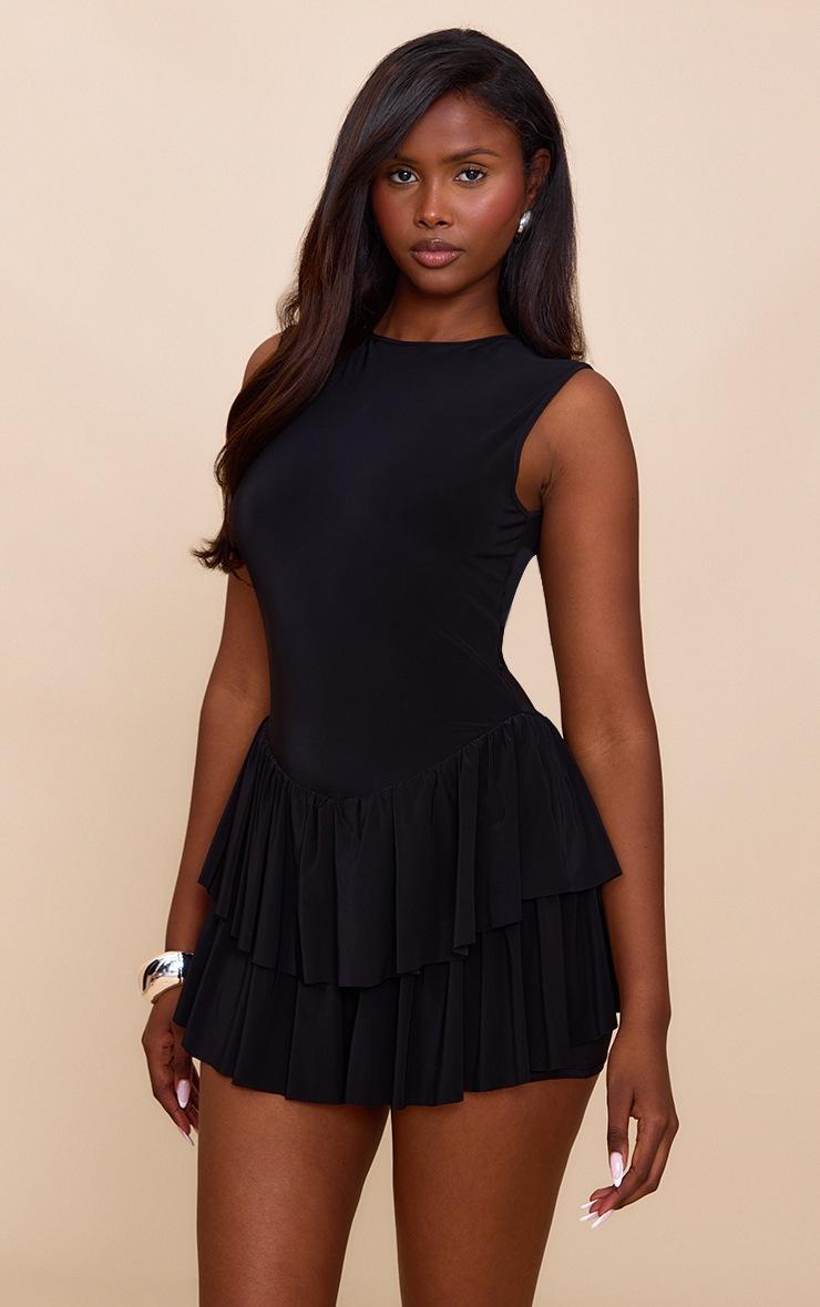 Pretty Little Thing Black Double Layer Slinky Rara Skort Romper