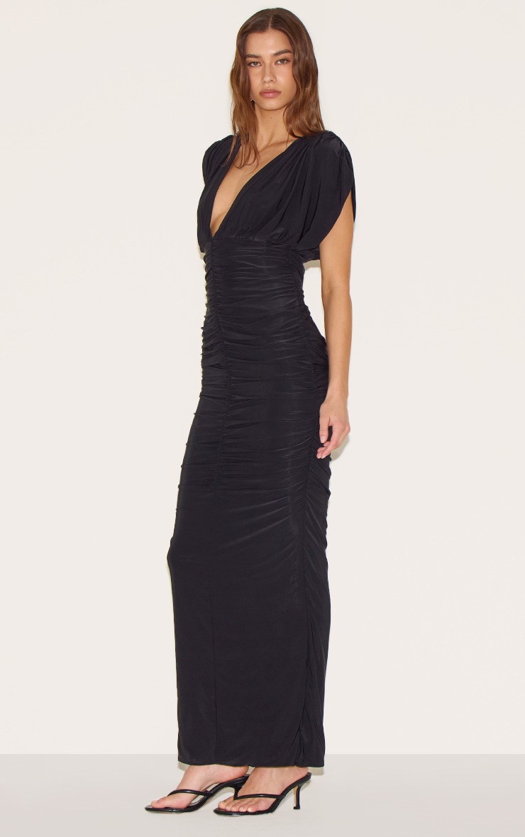 Pretty Little Thing Black Double Layer Slinky Ruched Batwing Maxi Dress
