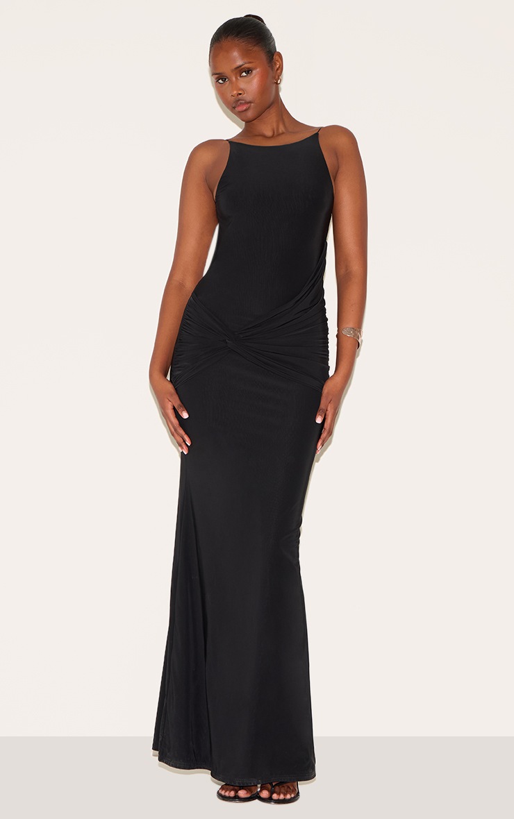 Pretty Little Thing Black Double Layer Slinky Twisted Front Halter Neck Maxi Dress