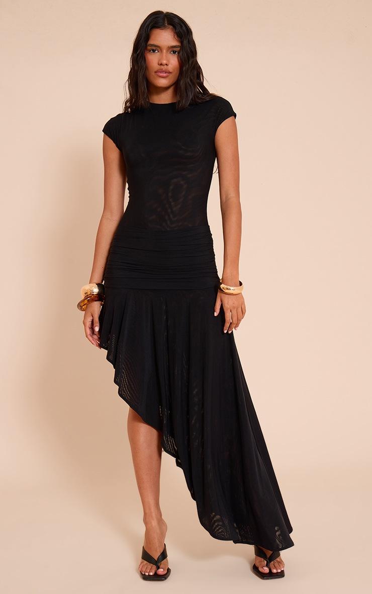 Pretty Little Thing Black Double Mesh Ruched Waist Midi Dress